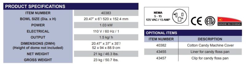 Cotton Candy Machine specs