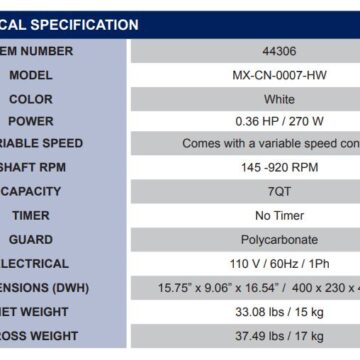 Baking mixer specifications