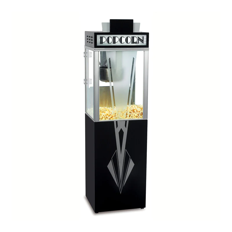 black popcorn machine with etched glass left side front