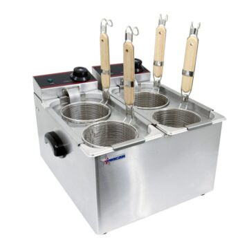 SS pasta cooker with 4 small round baskets left side front