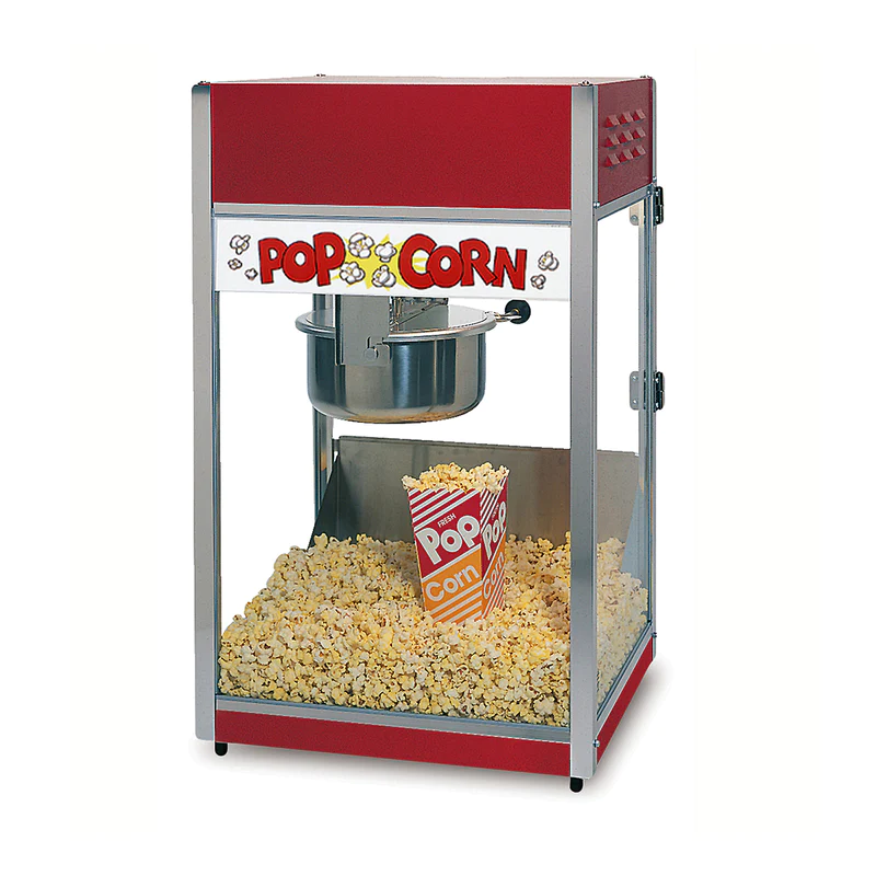 red popcorn machine with popcorn inside front right