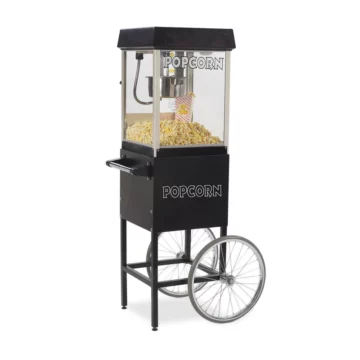 black popcorn stand with two wheels and popcorn machine left side front