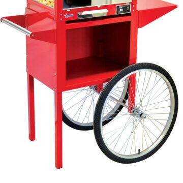 red popcorn machine on trolly left side front base