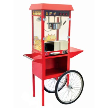 red popcorn machine on trolly left side front