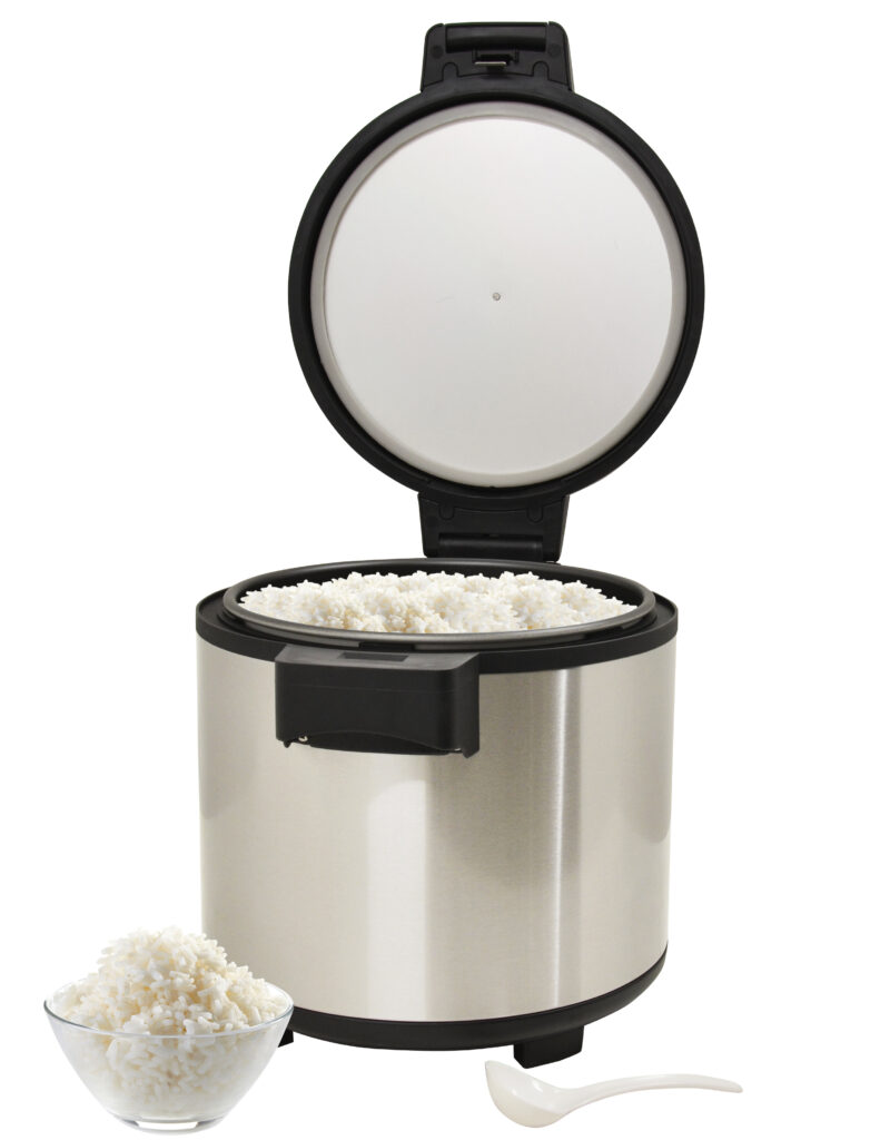 SS rice warmer with rice inside and bowl of rice scaled