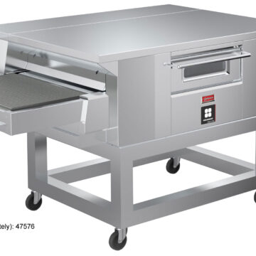 SS pizza conveyor left side front on wheels