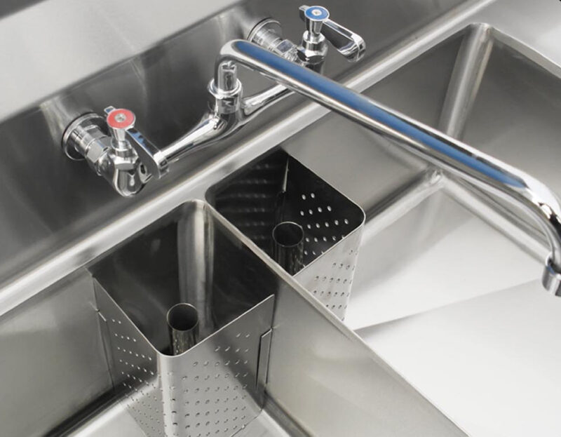 stainless steel two tub sink inside