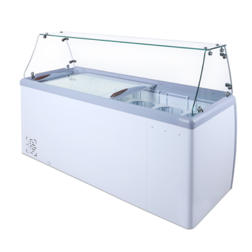 Ice cream dipping freezer with flat sneeze guard right side front