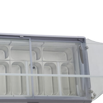 nine pan gelato dipping cabinet with flat sneeze guard inside