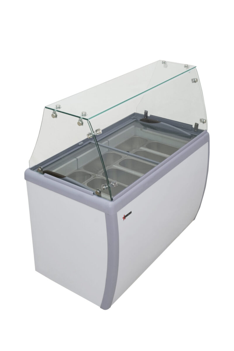 nine pan gelato dipping cabinet with flat sneeze guard left side front scaled