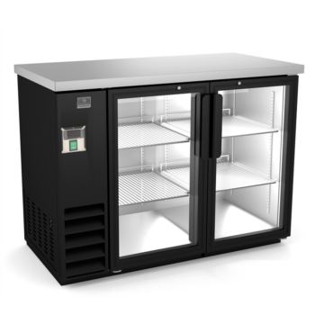 black back bar cooler with two glass doors