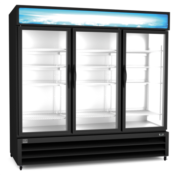 black triple glass door reach-in freezer