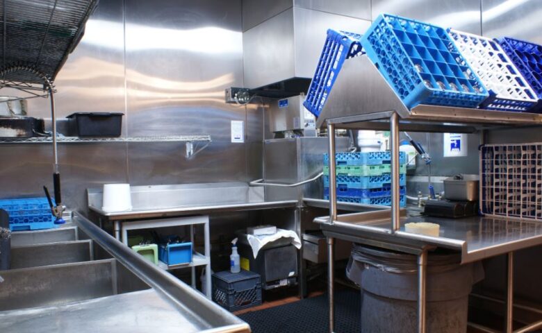commercial dishwasher with blue racks