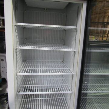 freezer open door with 5 white shelves