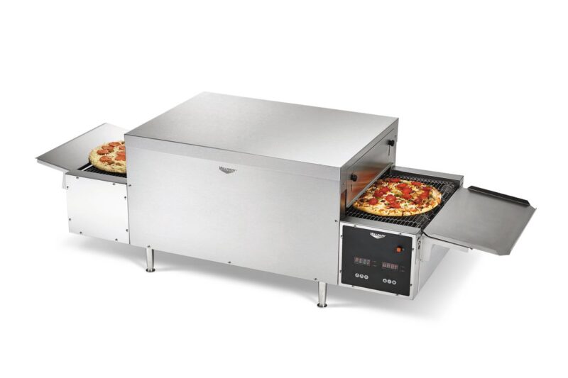 stainless steel pizza oven with pizza right side front