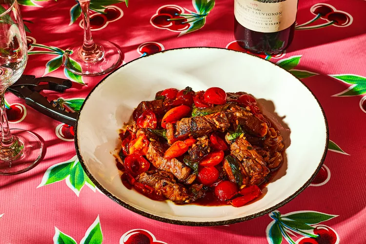 beef dish with cherry tomatoes