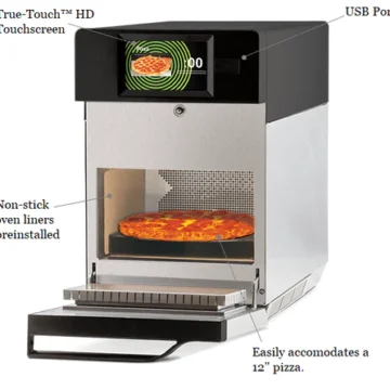 oven with door open and pizza inside