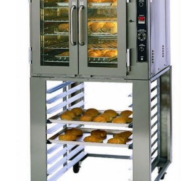 stainless steel convection oven with food inside
