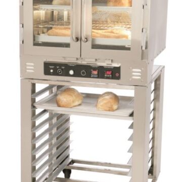stainless steel convection oven with bread inside