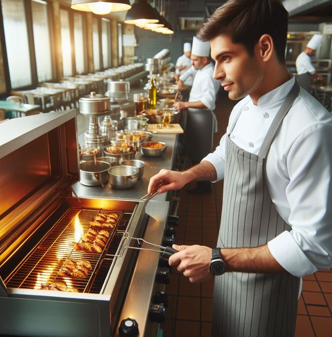 Chef using a broiler to cook with