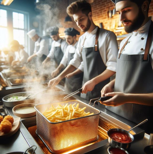 chefs deep frying fries and cooking in kitchen