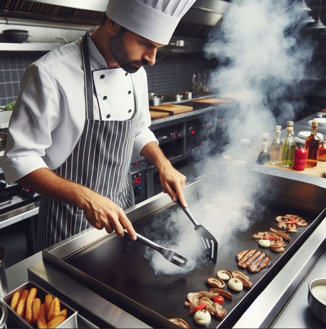 gas griddle with food on it