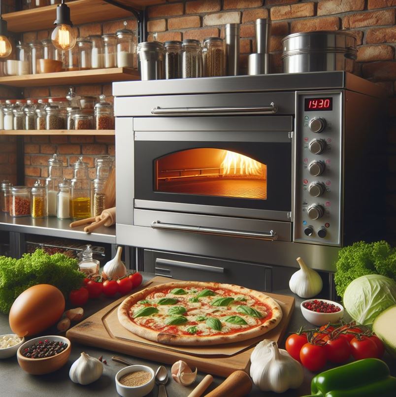 ss pizza oven in kitchen with pizza