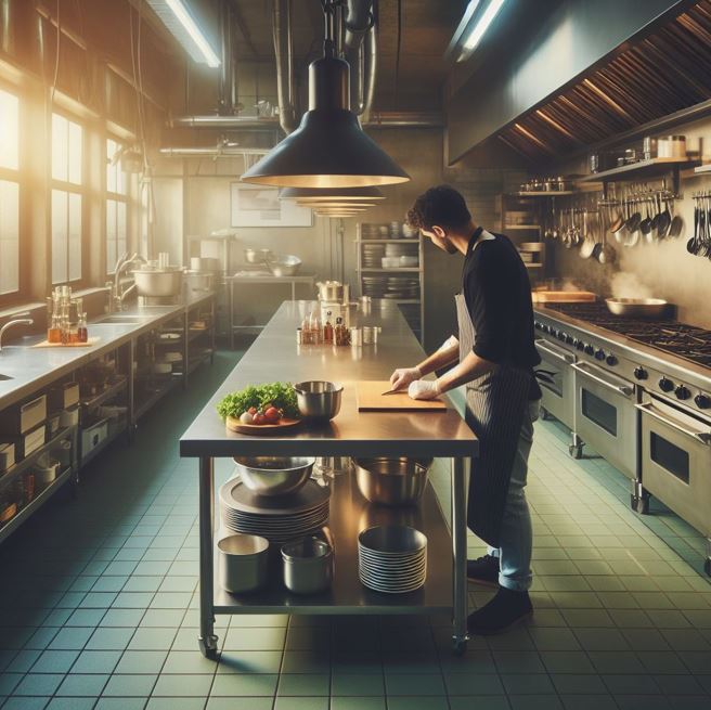 stainless steel work table in kitchen