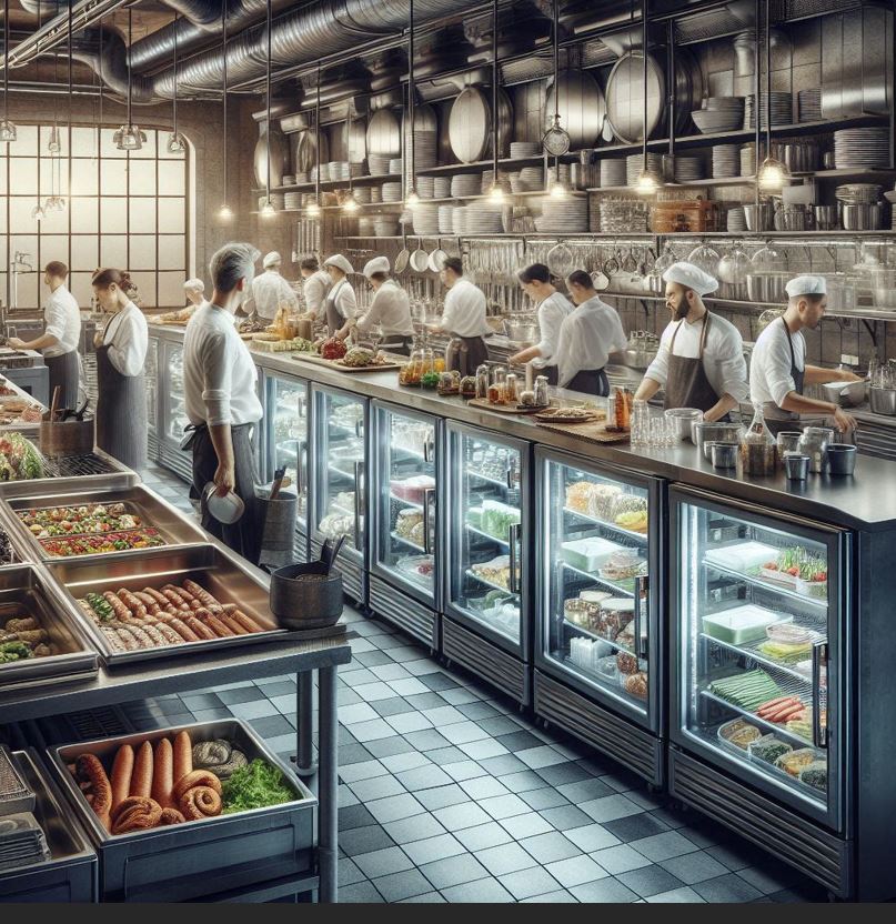 busy kitchen with undercounter freezers