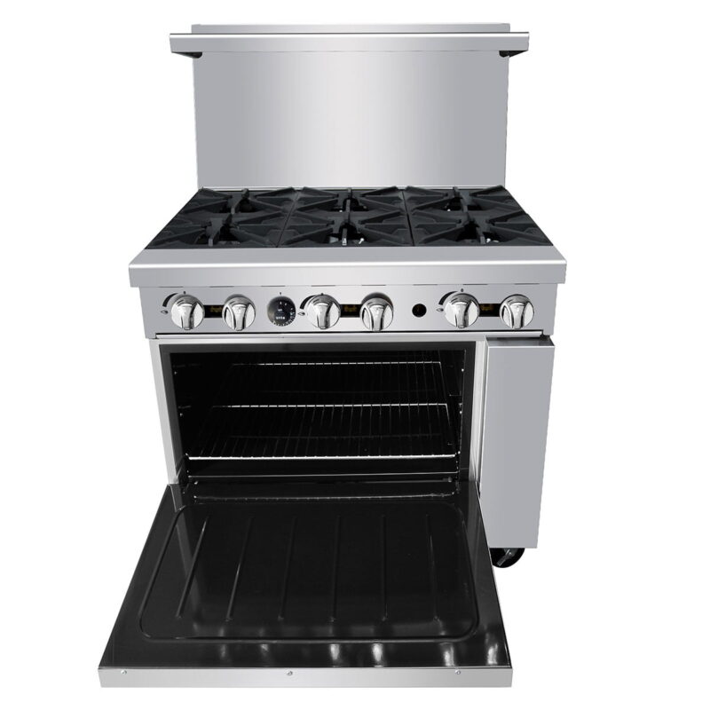 atosa agr6b gas range oven with 6 burner cook top front door open