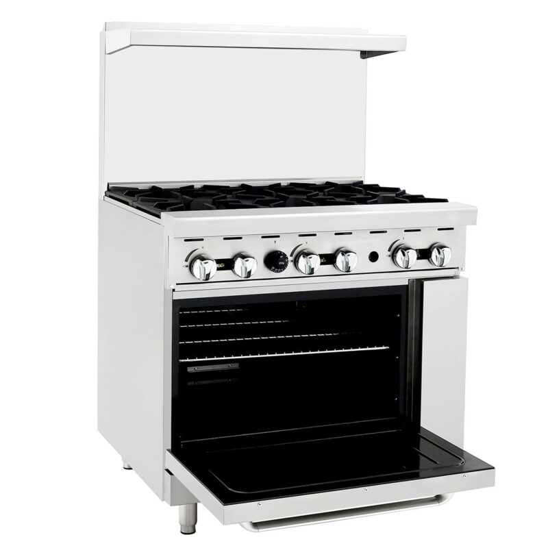 atosa agr6b gas range oven with 6 burner cook top side front door open