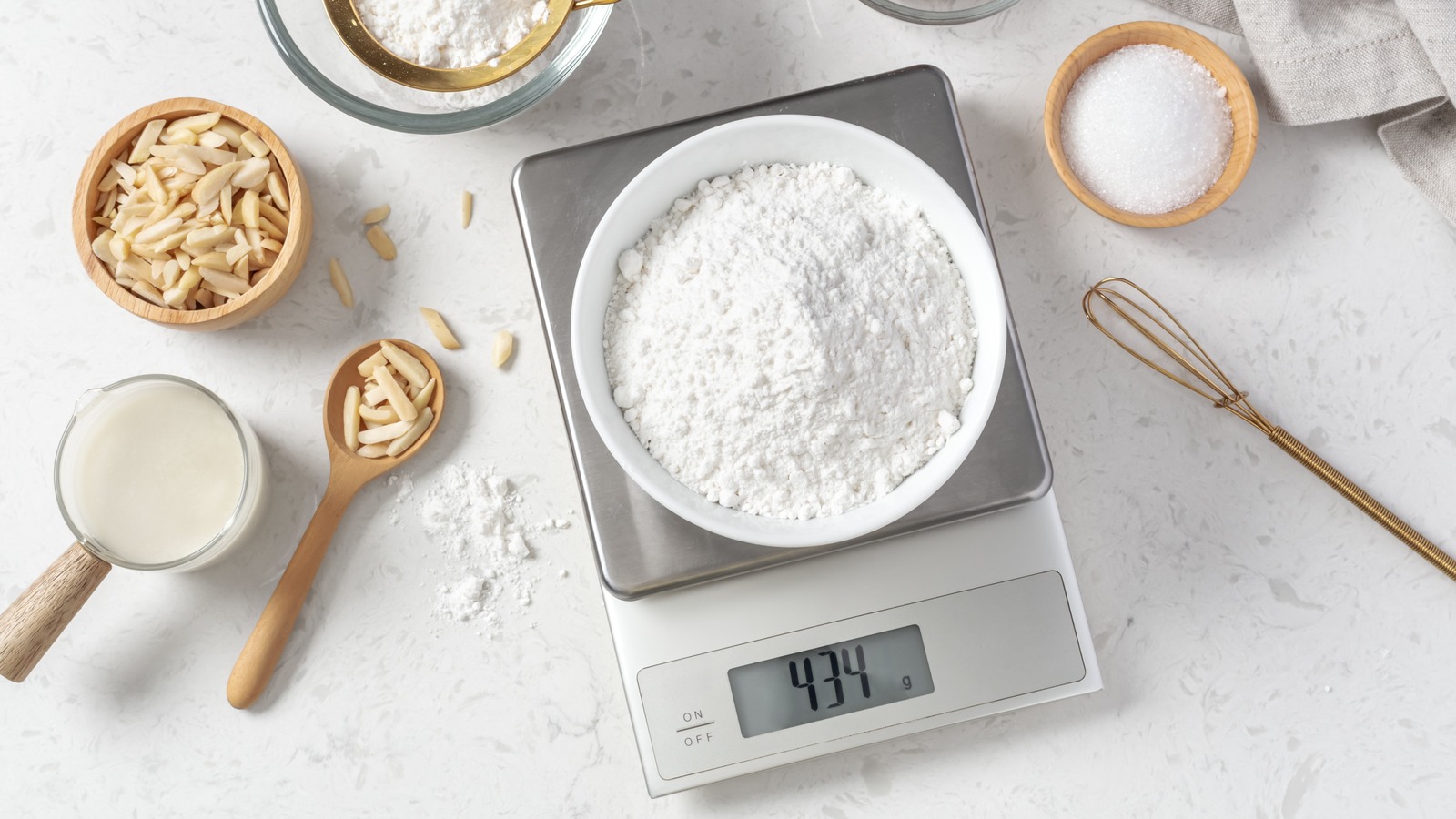 Flour,In,White,Bowl,Measuring,On,Digital,Scale,With,Cake