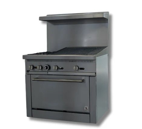 36 Wide Gas Range With 24 Charbroiler, 2 Hot Plates & Built in Convection Oven, LP or NG, Hot Zone HZ CR36 24CB
